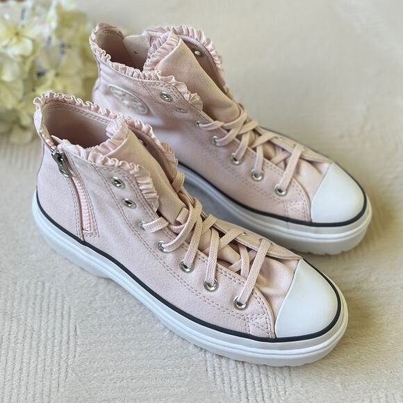 NEW Size 6Y Womens 7.5 Converse Chuck Taylor Lugged Lift High Pink Ruffle Shoe - Picture 5 of 10